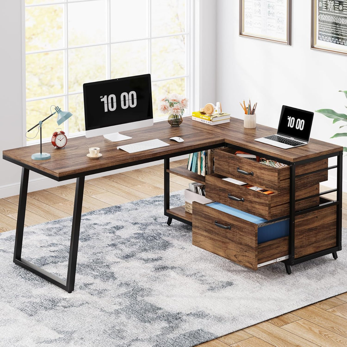 Tribesigns L-Shaped Computer Desk with 3 Drawers, Reversible Corner Home Office Desk with Shelves, 53-Inch Industrial PC Desk Study Writing Table