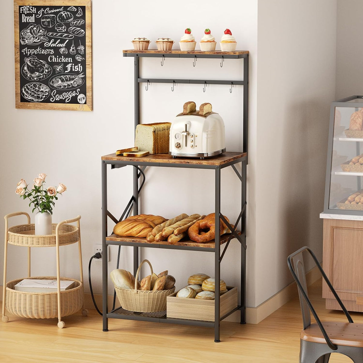 Kitchen Bakers Rack with Power Outlet, Small Coffee Bar Cart 4 Tiers, Microwave Stand Station with 8 S Hooks, Adjustable Shelf, Freestanding Kitchen