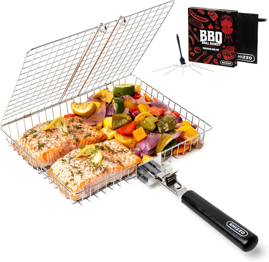 SHIZZO Grill Basket Set, Barbecue BBQ Grilling, Stainless Steel Folding Portable Outdoor Camping Rack for Fish, Shrimp, Vegetables, Cooking
