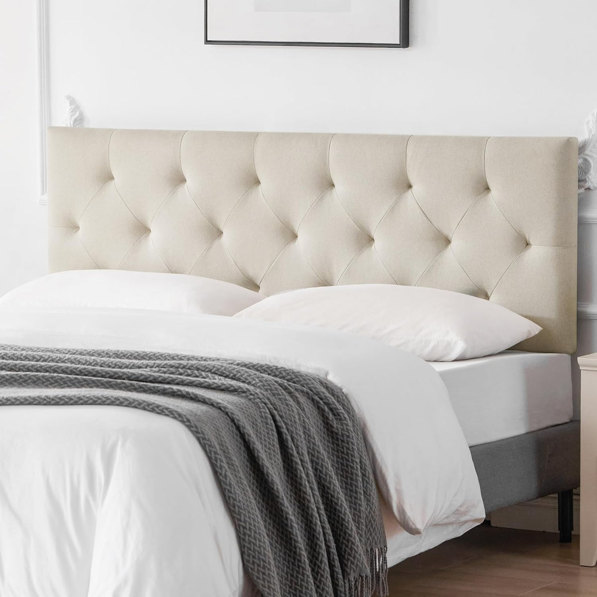 Linen Fabric Upholstered Headboard Queen Size, Modern Diamond Tufting Solid Wood Queen Headboard Only, Adjustable Height from 37” to 51” Head Board