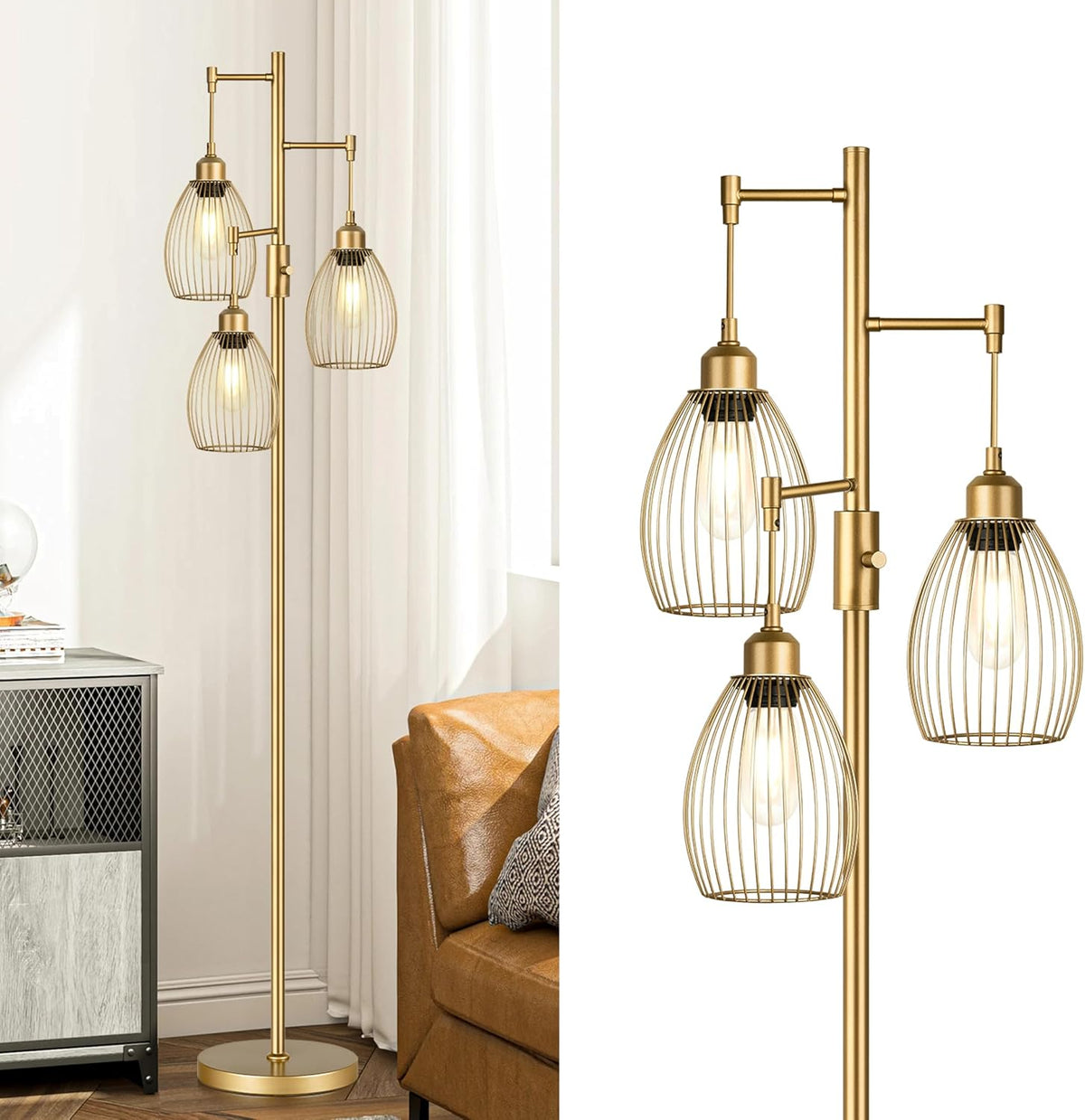 Dimmable Floor Lamp, Industrial Floor Lamps for Living Room, Gold Tree Lamp Standing Lamp Tall Lamps with 3 Elegant Teardrop Cage Head & 800 Lumens