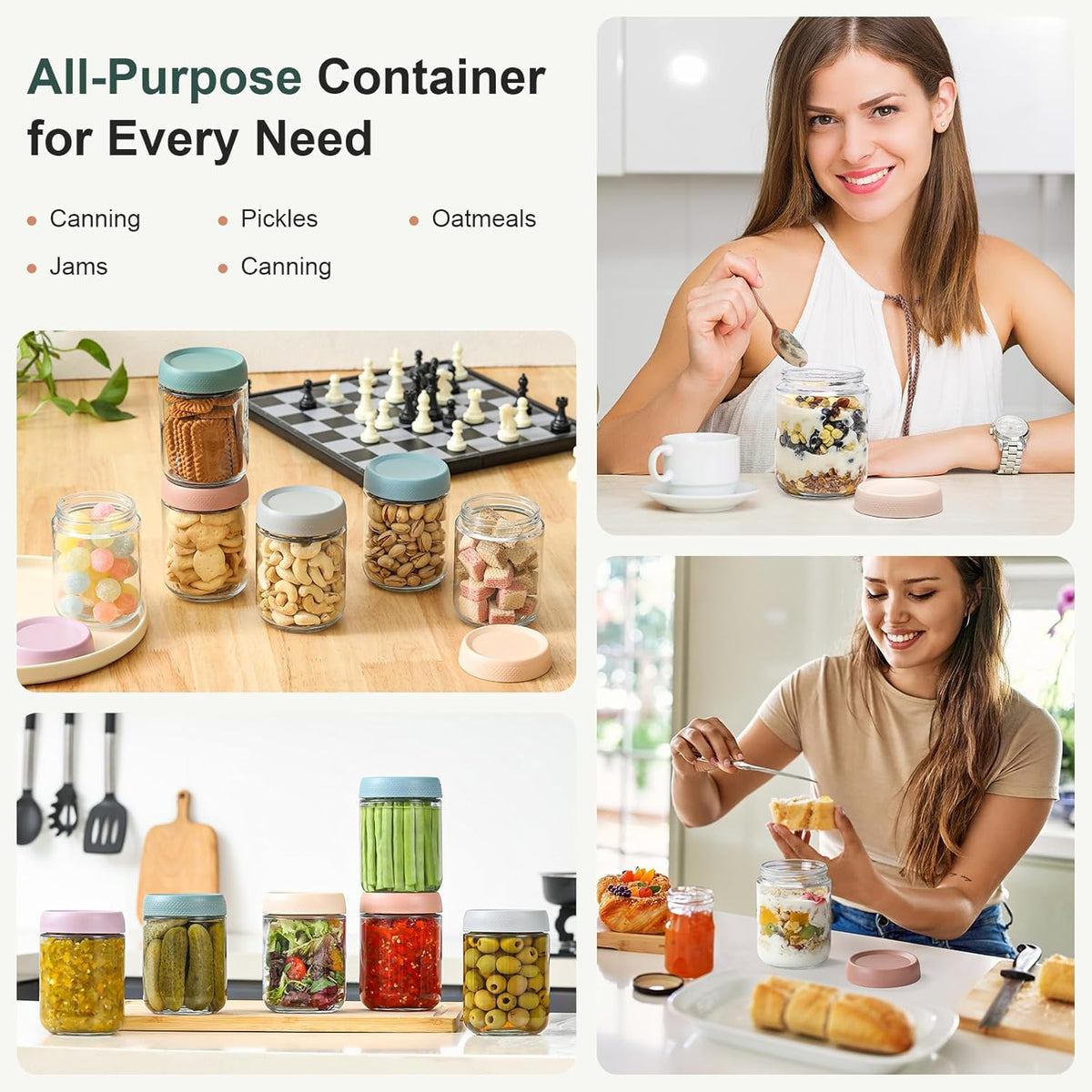 NETANY 6-pack 16 oz Overnight Oats Containers with Lids, Glass jars with Airtight Lids, Wide mouth Mason Salad jars, Glass Food Storage Containers