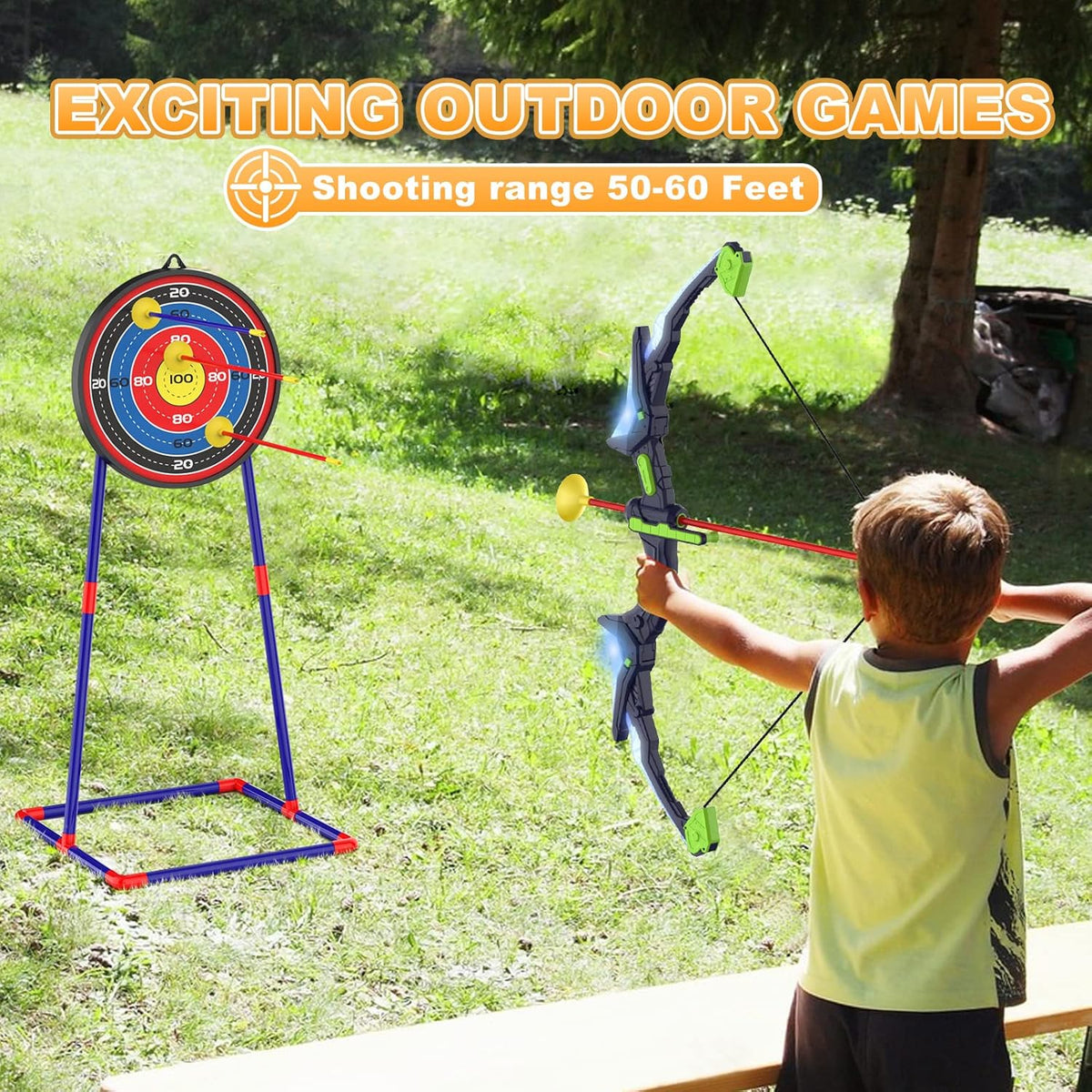 2 Pack Kids Bow and Arrow Set with LED Flash Lights, 14 Suction Cup Arrows and Fluorescence Standing Target-Perfect Indoor and Outdoor Game Archery