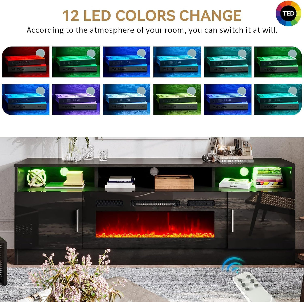 oneinmil 70" Fireplace TV Stand with Power Outlet for TVs Up to 80", Electric Fireplace Entertainment Center with LED Lights & Storage Cabinets