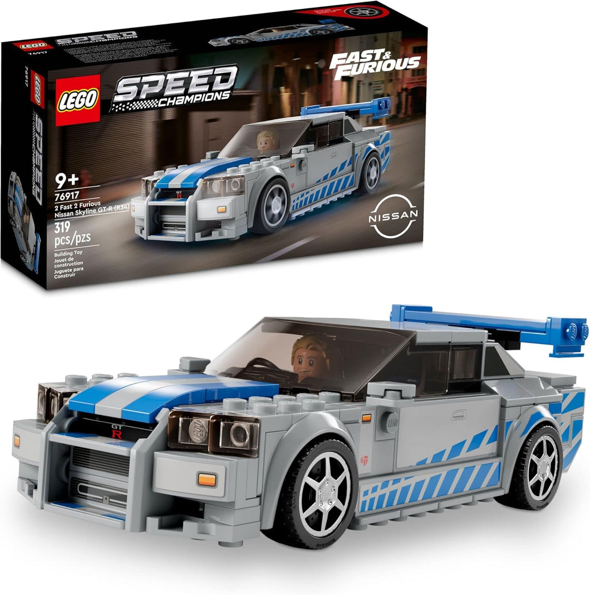 LEGO Speed Champions 2 Fast 2 Furious Nissan Skyline GT-R (R34), Race Car Toy Model Building Kit, Collectible with Racer Minifigure, 2023 Set for