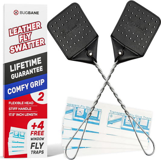 2 Leather Fly Swatter for Indoors. Long Handle, Heavy Duty Fly Swatter Manual Multi Pack. Flyswatters Heavy Duty Flyswatter 2 pack. Flies Swater