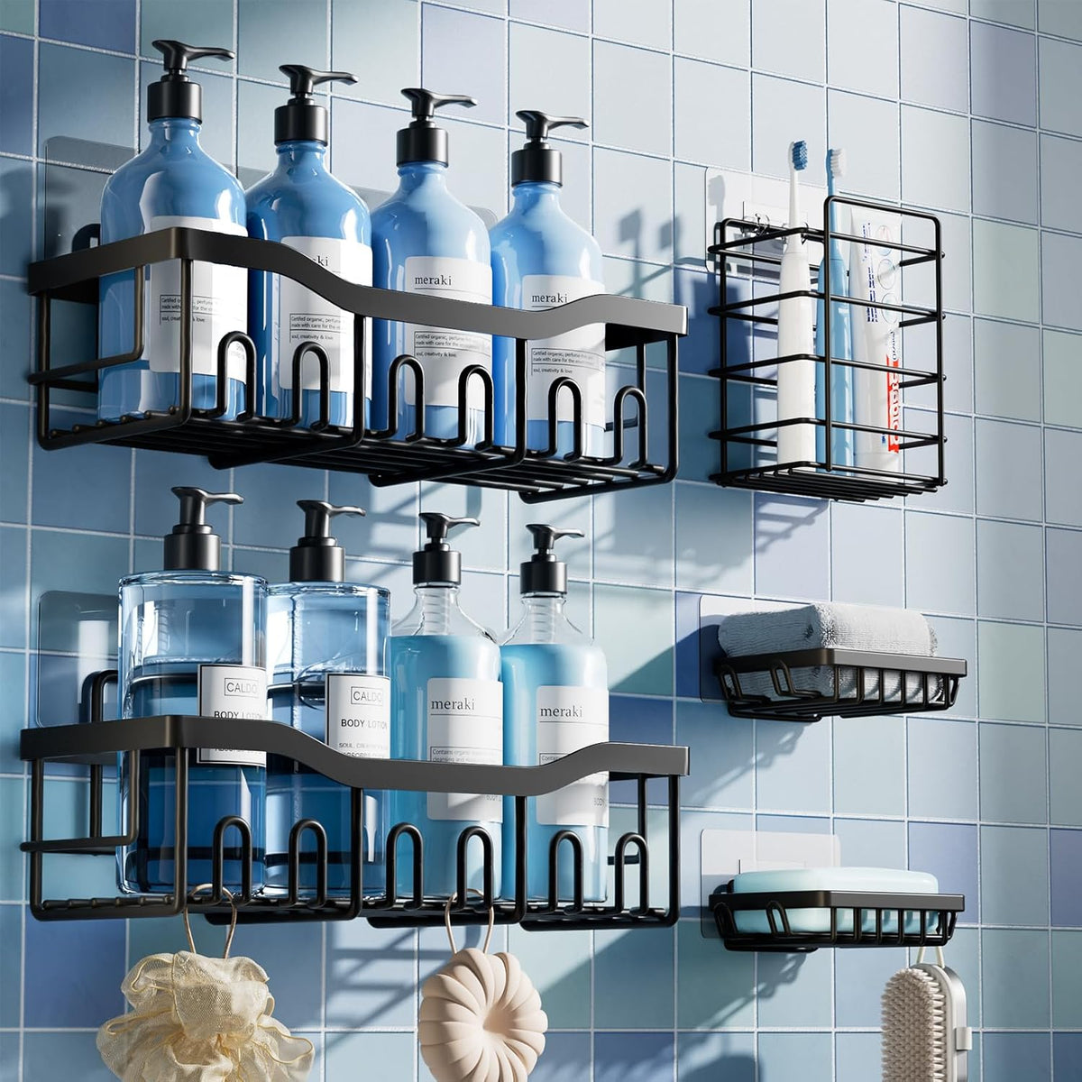 5-Pack Rustproof Stainless Steel Shower Caddy Set– No Drill Adhesive Bathroom Organizer, Space-Saving Shower Shelves for Apartment Essentials