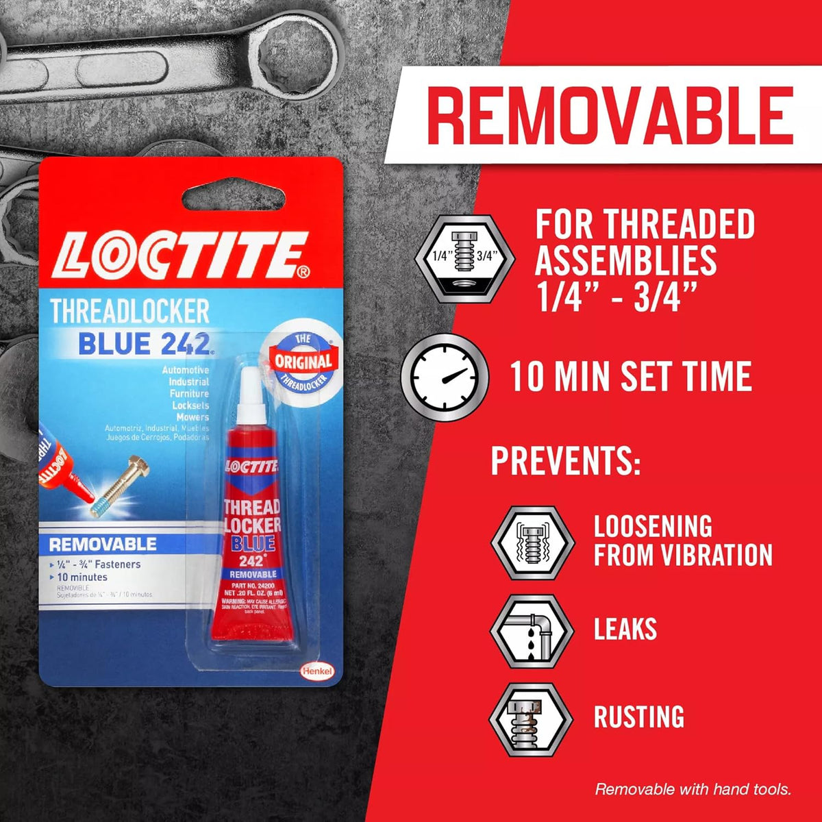 Loctite Threadlocker Blue 242 - Removable Thread Lock Glue for Nuts, Bolts, & Fasteners, Medium Strength Screw Glue to Prevent Loosening & Corrosion