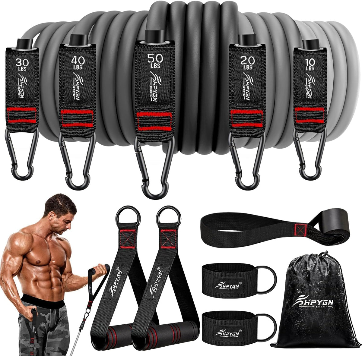 HPYGN Resistance Bands, Exercise Bands with Handles, Fitness Bands, Workout Bands with Door Anchor and Ankle Straps, for Heavy Resistance Training