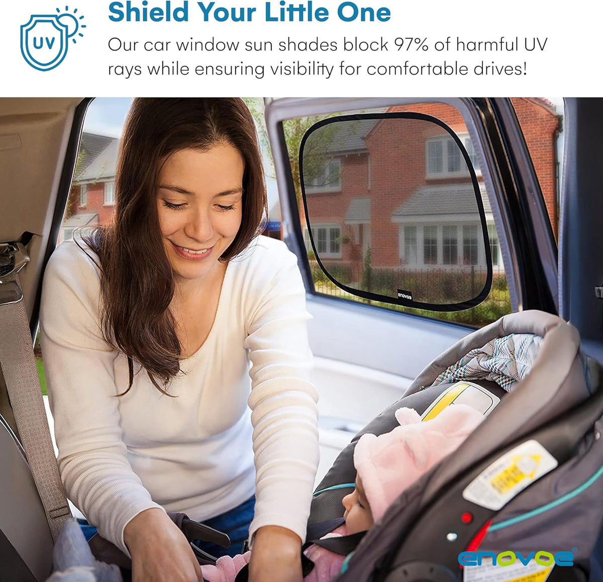 Enovoe Car Window Shades for Baby (4 Pack) - 21"x14" - Sun Shade Blocker, Cling - Glare Shield and UV Rays Protection for Your Child - Side Windows
