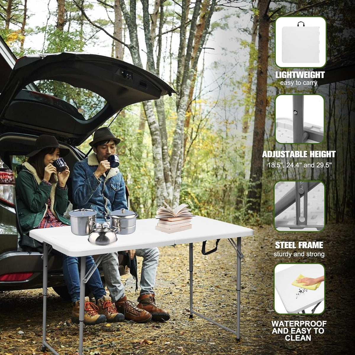 Folding Table 4 Foot Portable Heavy Duty Plastic Fold-in-Half Utility Table Small Indoor Outdoor Adjustable Height Folding with Carrying Handle