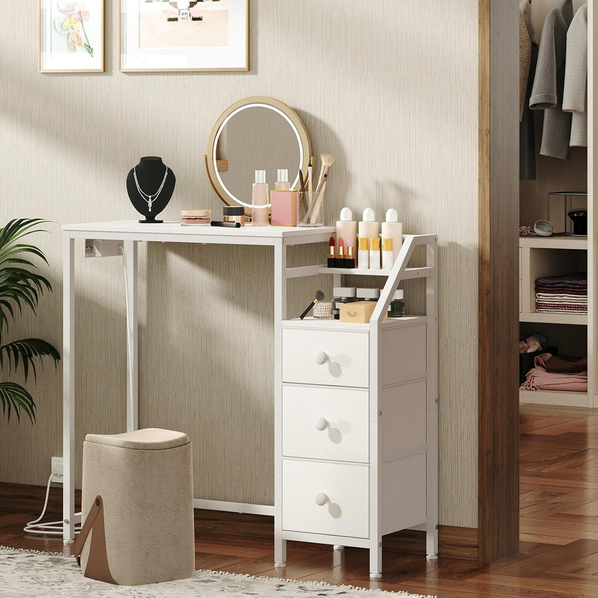 Small Vanity Desk Without Mirror, Makeup Vanity Table with Power Outlet, White Vanity with Fabric Drawers, Dressing Table, for Small Spaces, Bedroom