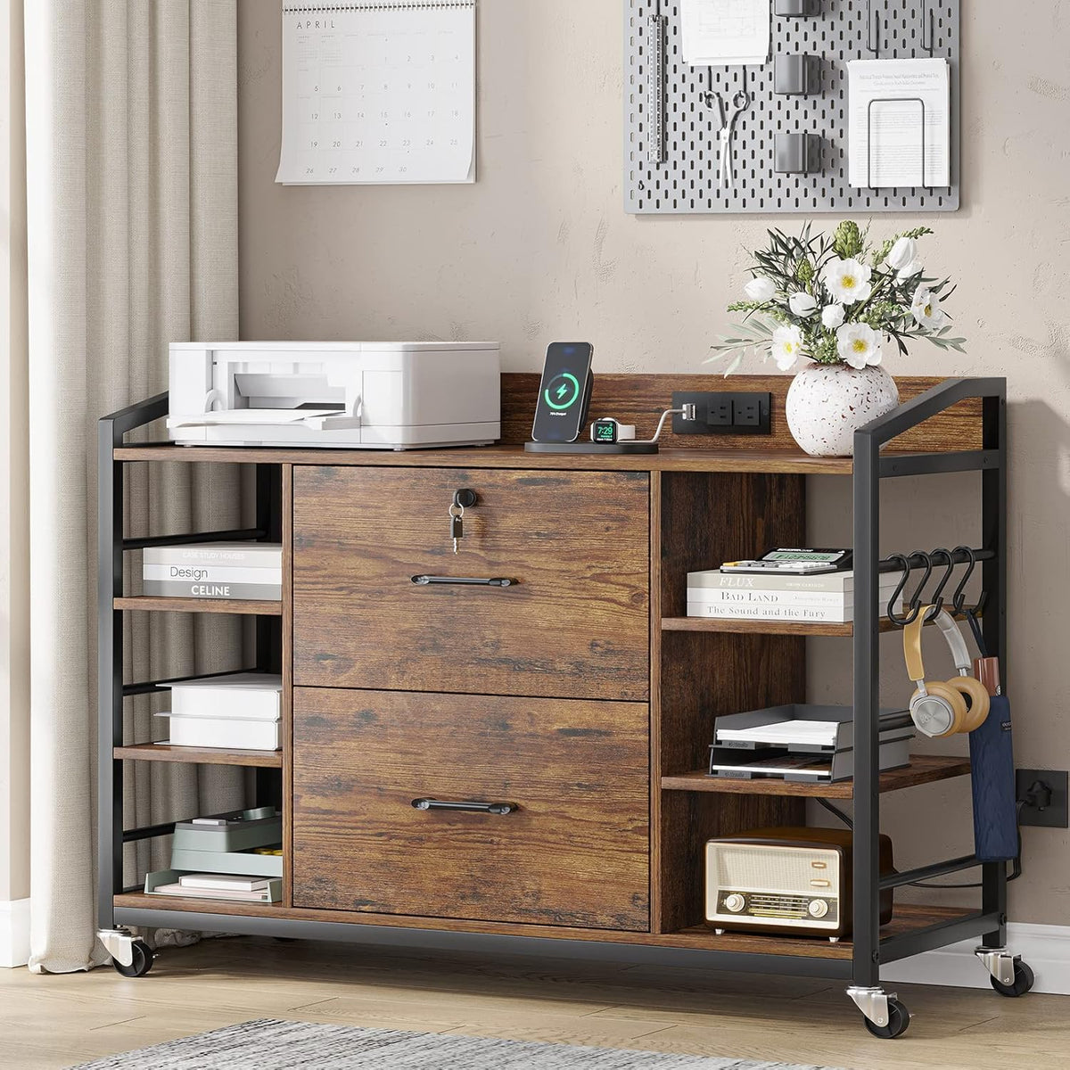 SEDETA 44" File Cabinet, Filing Cabinet fits Legal/Letter Size, 2 Drawer File Cabinets for Home Office with Lock, Power Strip, 6 Storage Shelves