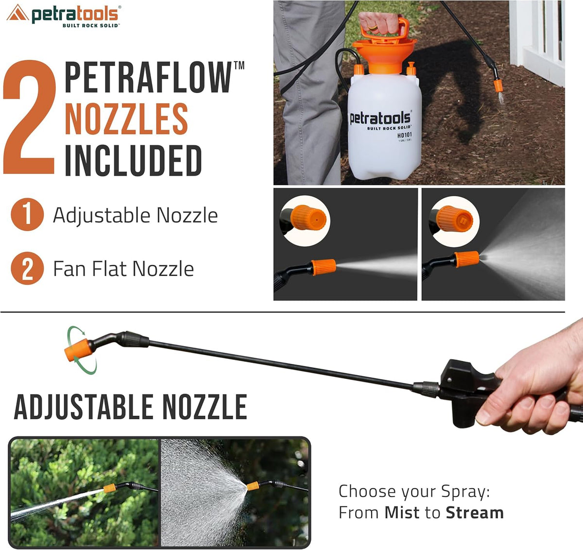 Petratools 1 Gallon Pump Sprayer – HD101 Garden Sprayer for Weeds, Lawn Care & Pesticides – 52” Long Hose, 2 Nozzles & Easy Carry Handle – Durable