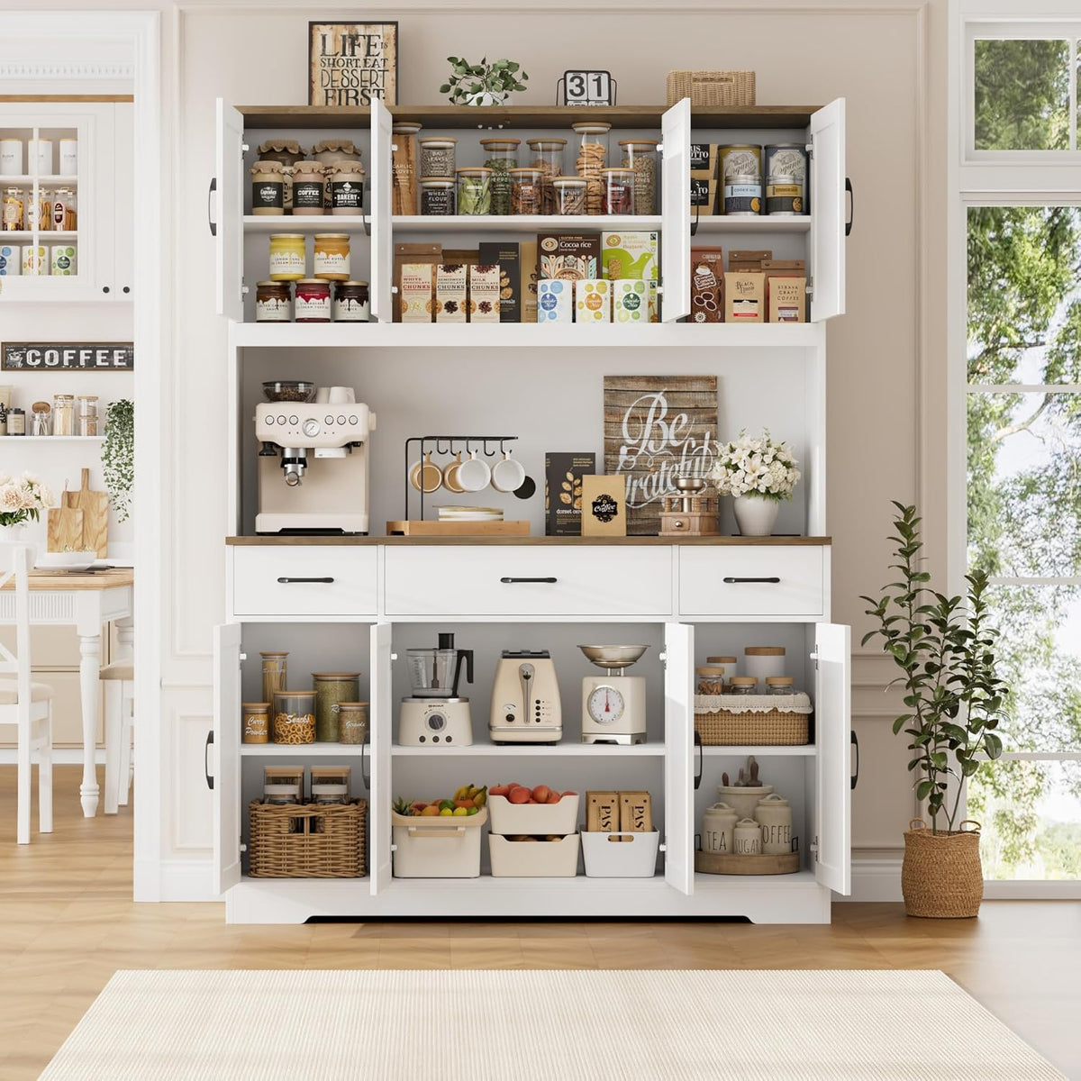HOSTACK 71" Tall Kitchen Pantry Storage Cabinet with Charging Station, 55" Wide Kitchen Hutch Cabinet with Large Countertop, Farmhouse Food Pantry