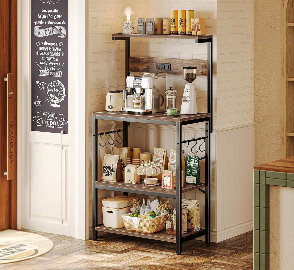 SUPERJARE Kitchen Bakers Rack with Power Outlet, Coffee Bar Table 4 Tiers, Kitchen Microwave Stand with 6 S-shaped Hooks, Storage Shelf Rack for