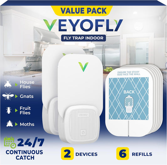 VEYOFLY Fly Trap Indoor, Fruit Fly Traps for Indoors Flying Insect (2 Device + 6 Refills) Gnat Traps for House Indoor, Bug Zapper Indoor, Gnat Killer