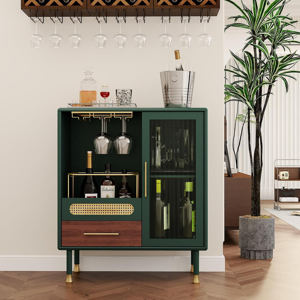 ARTPOWER Modern Coffee Bar Cabinet with Wine Glass Rack and Drawers, Green Liquor Cabinet with Pull-Out Wine Storage for Kitchen, Dining Room, Living
