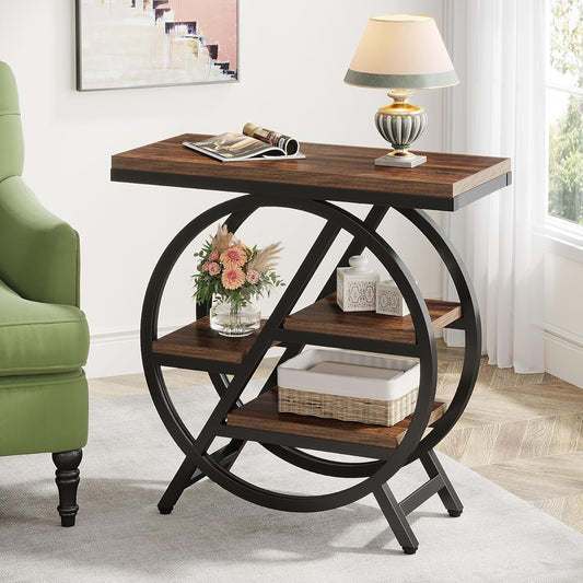 Tribesigns End Table for Living Room, 3-Tier Narrow Side Table with Storage, Wood Sofa Side Table with Geometric Metal Frame, Industrial Nightstand