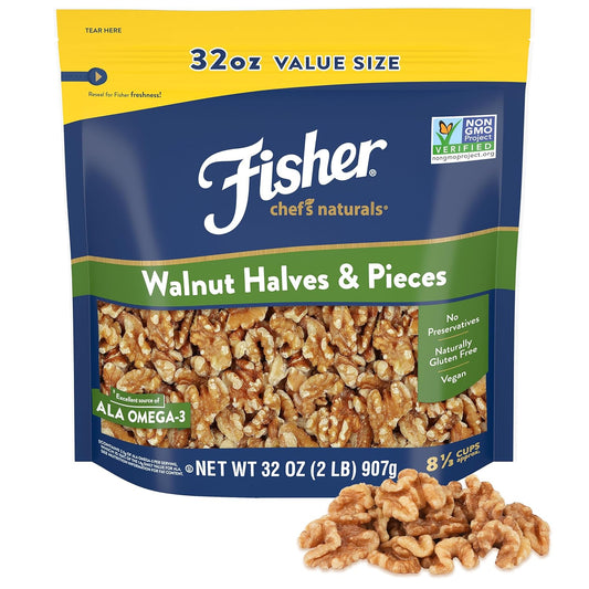 Fisher Chef's Naturals Walnut Halves & Pieces 2 lb, 100% California Unsalted Walnuts for Baking & Cooking, Healthy Snacks for Adults, Resealable Bag