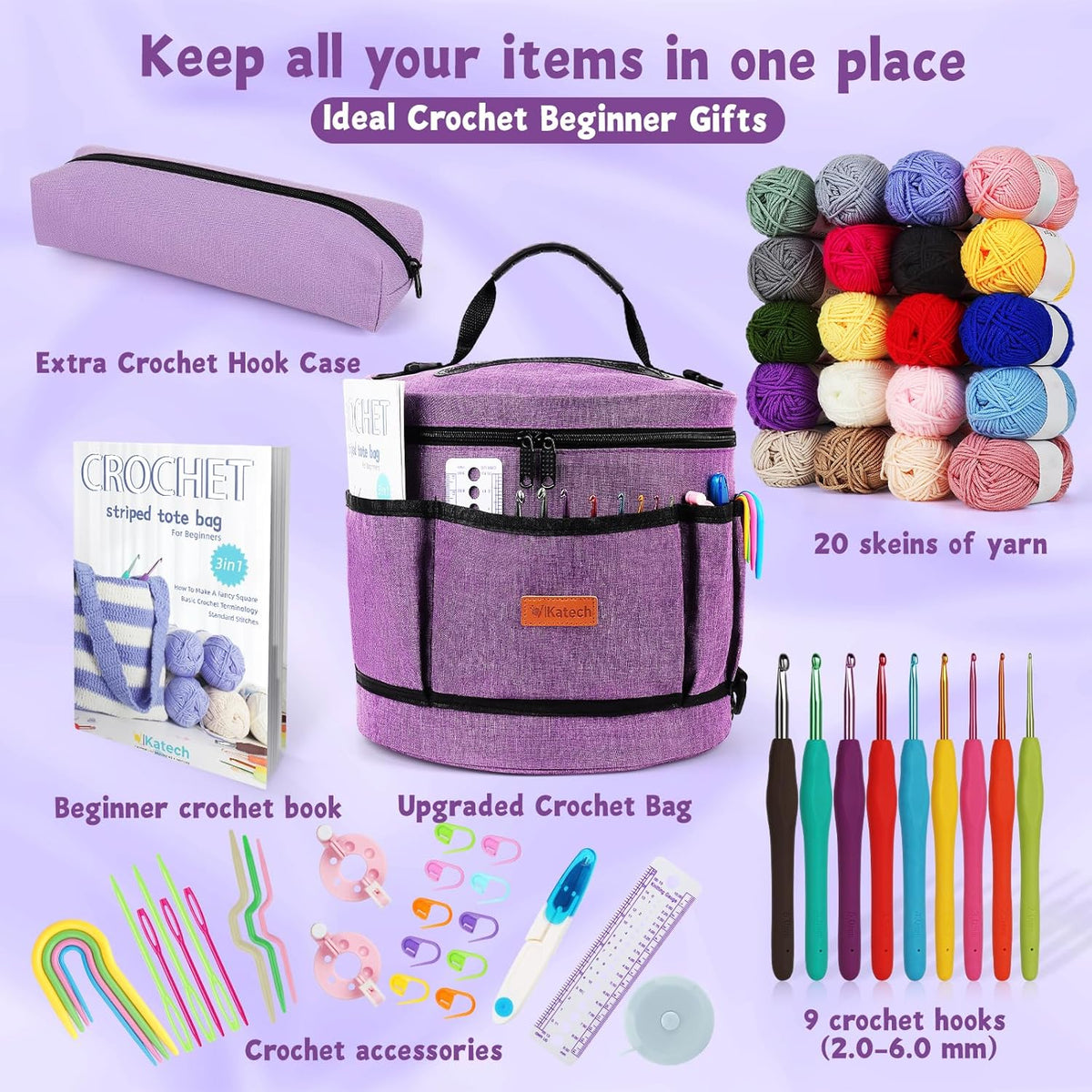 Katech Crochet Kit for Beginners, Beginner Crochet Kit for Adults-Crochet Kits Includes Crochet Hooks Knitting Bag Crochet Yarn for Crocheting