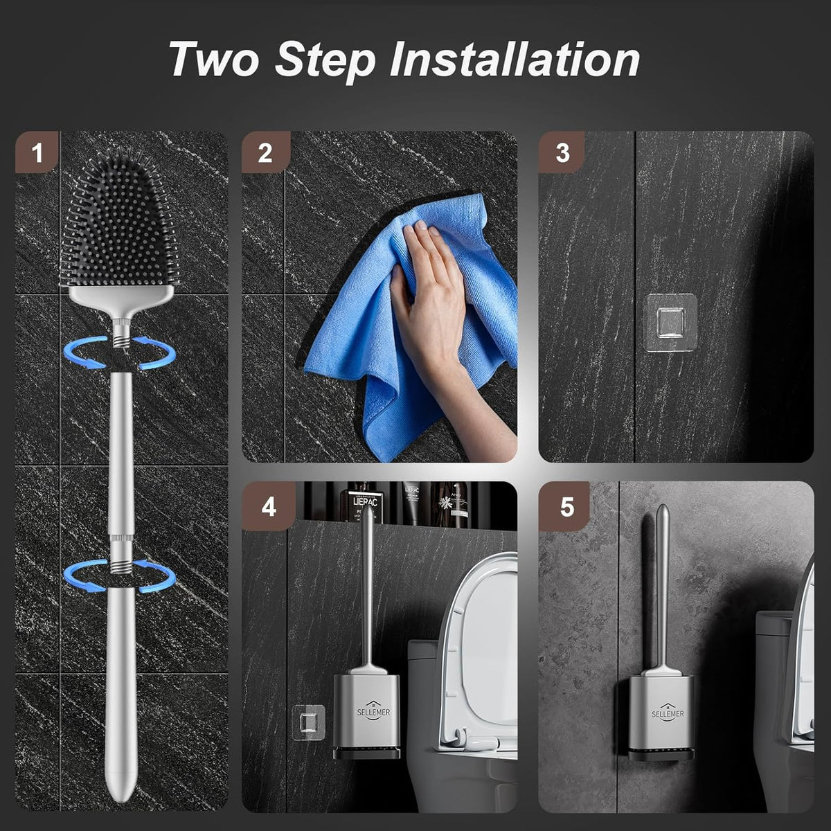 Sellemer Toilet Brush and Holder Set - Flexible Toilet Bowl Brush Head with Silicone Bristles, Compact Size for Storage and Organization, Ventilation