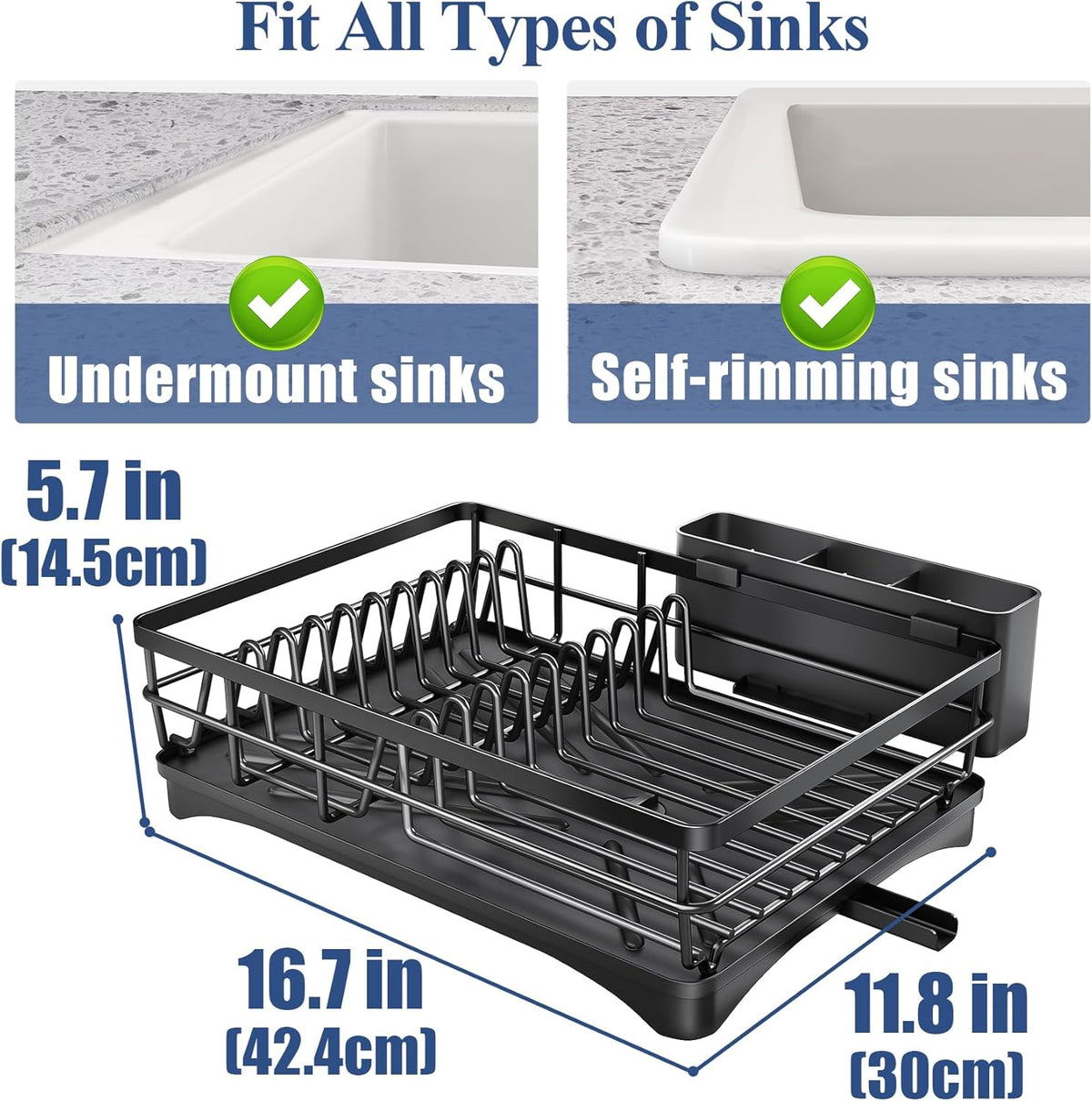 SNTD Dish Drying Rack for Kitchen Counter - Large Dish Rack with Drainboard, Rustproof Dish Drainer with Utensil Holder for Sink, Black