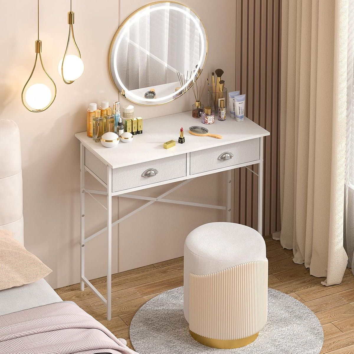 Small Writing Desk for Kids Bedroom, 31.5 Inch White Computer Desk for Small Spaces, Simple Desk with 2 Fabric Drawers for Home Office, Dorm, Living
