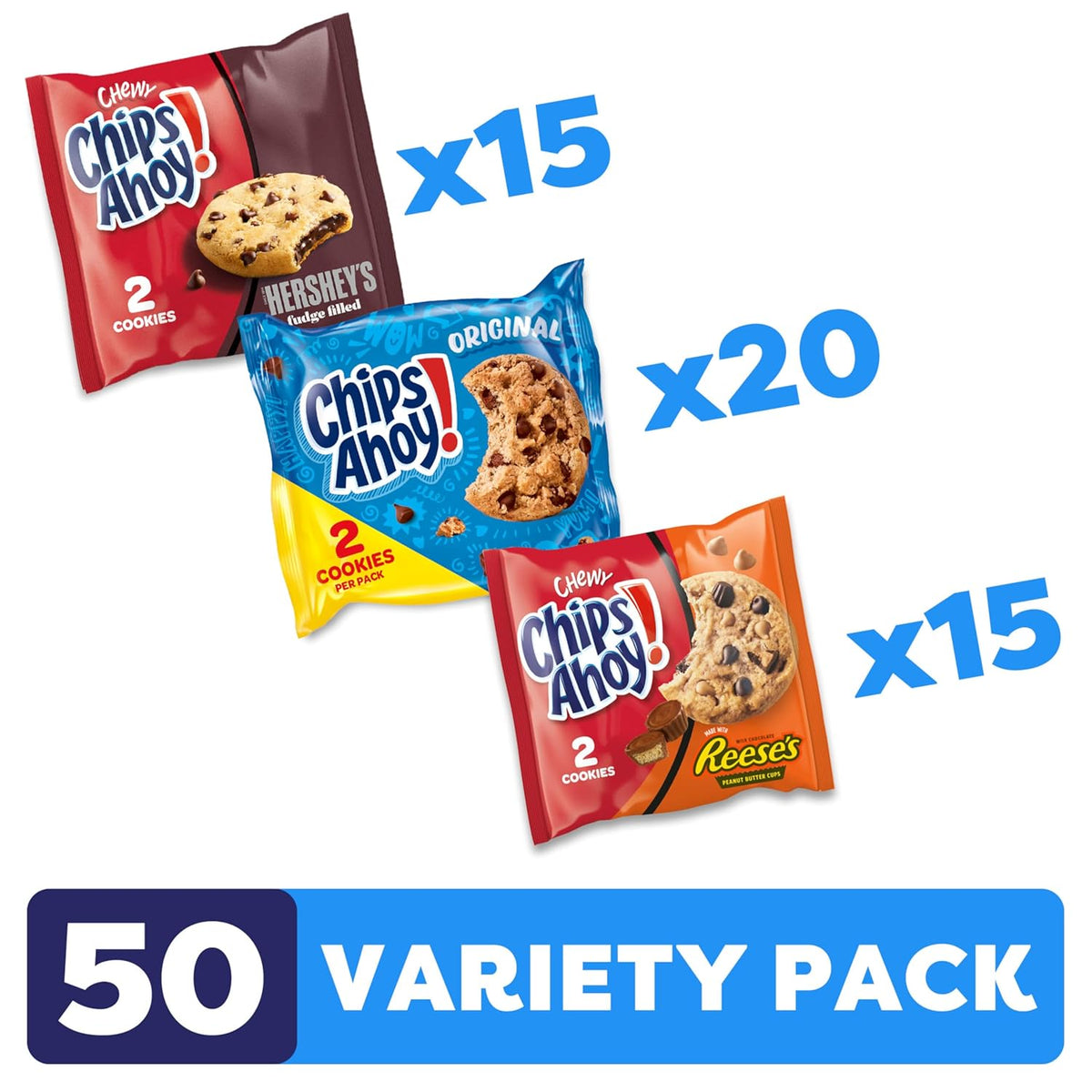 CHIPS AHOY! Cookies Variety Pack, Original Chocolate Chip, Chewy Chocolate Chip with Reese's Peanut Butter Cups & Chewy Hershey's Fudge Filled Soft