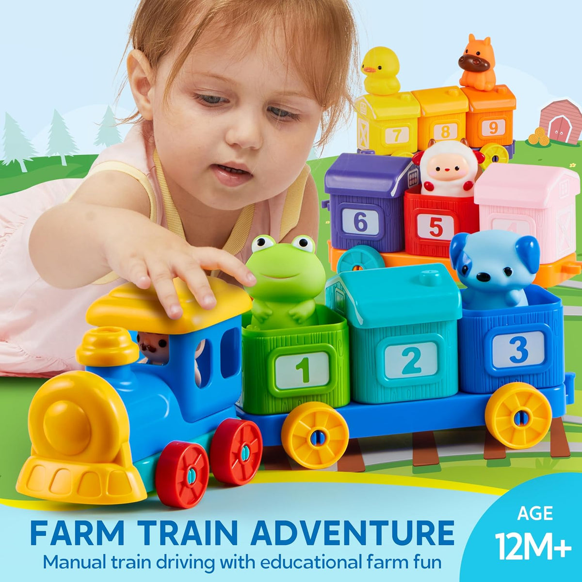 Learning Toy for Toddlers 1 2 3 Years Old, Counting, Matching & Sorting Montessori Learning Farm Train Including 9 Farm Animals and 1 Farmer, Easter