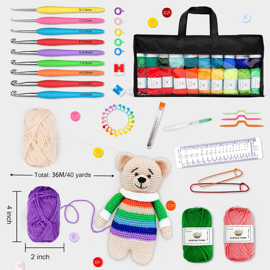 INSCRAFT 113 Piece Crochet Kit with Yarn Set– 1600 Yards Assorted Yarn for Knitting and Crochet, 73PCS Crochet Accessories Set Including Ergonomic