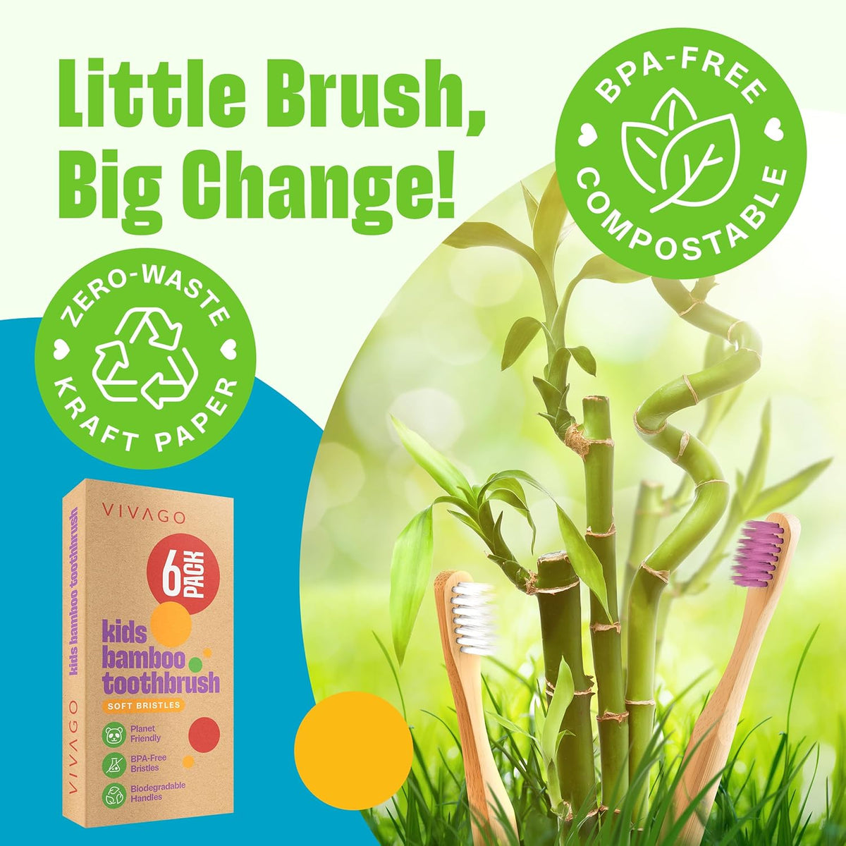 Kids Bamboo Toothbrushes 6 Pack - BPA Free Soft Bristles Toothbrushes for Kids - Children Toothbrush Set