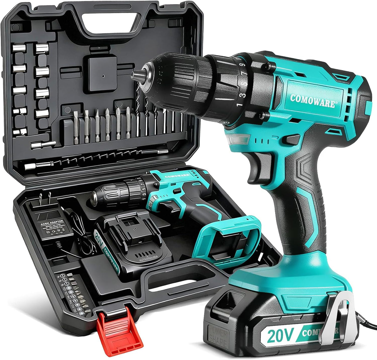 COMOWARE 20V Cordless Drill, Electric Power Drill Set with 1 Battery & Charger, 3/8” Keyless Chuck, 2 Variable Speed, 266 In-lb Torque, 25+1 Position