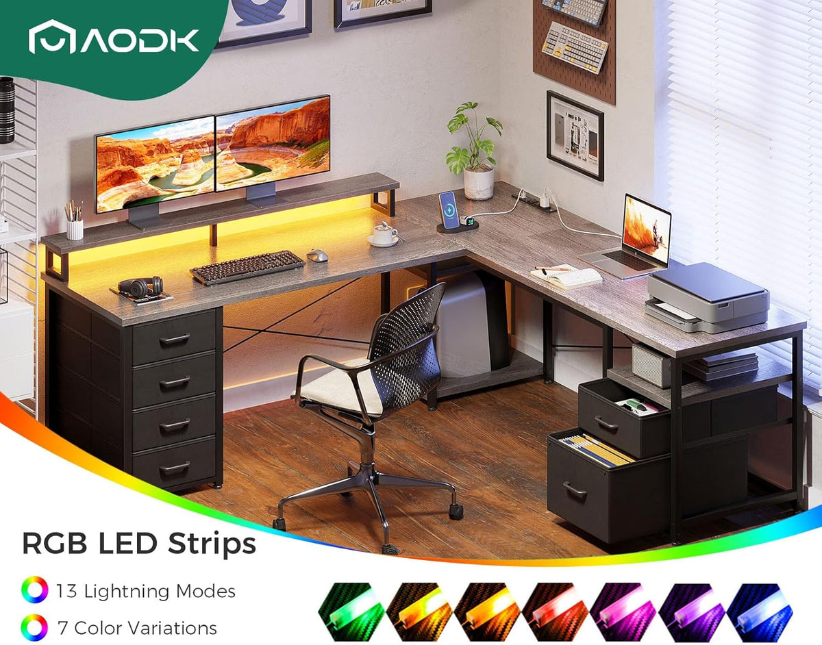 AODK 66" L Shaped Desk, 113" Computer Desk with File Cabinet & 4 Fabric Drawers, Home Office Desk with Monitor Shelf & Power Outlet, Two Person Desk