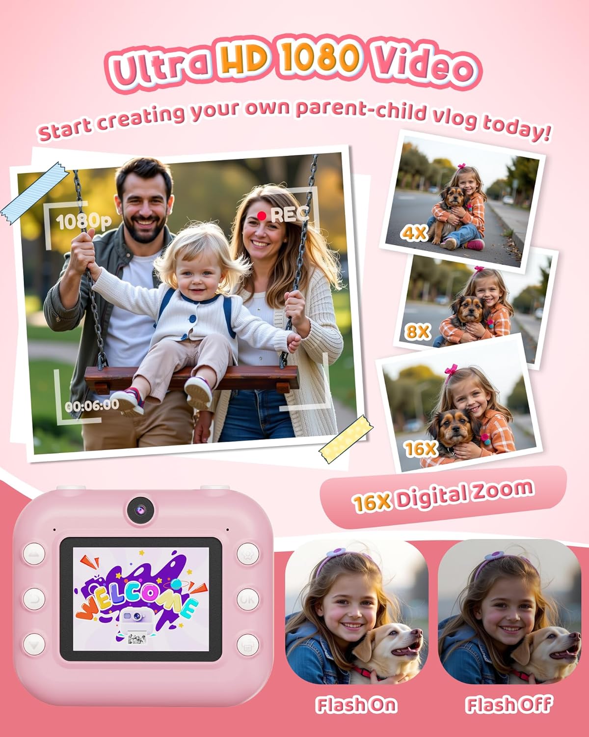 Instant Camera, Front Rear Dual Selfie Kids Camera with 1080P Videos, Holiday Birthday Gifts for Kids Age 3-12, Toddler Portable Travel Print Digital