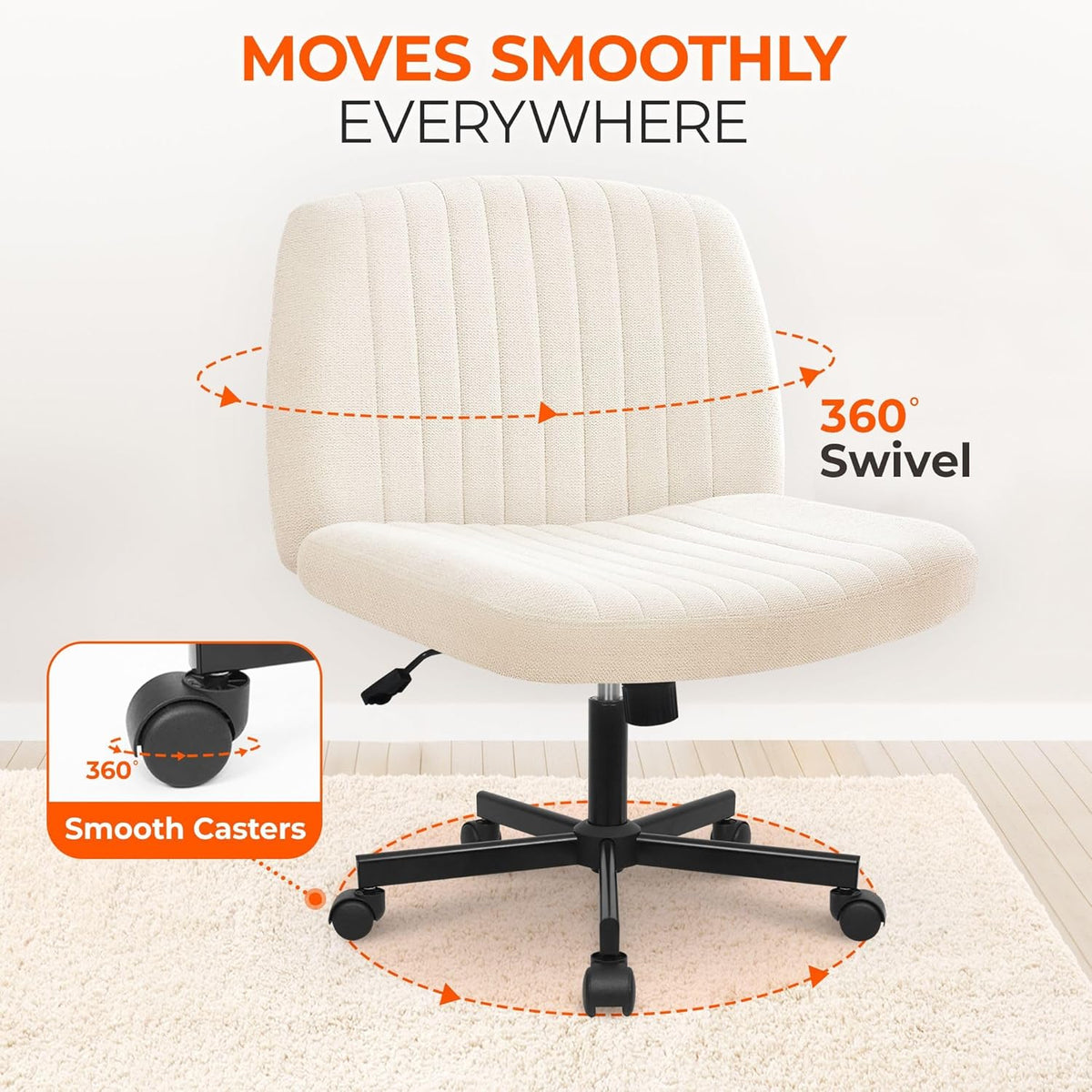 Orange Factory Criss Cross Chair Wheels Wide Cross Legged Office Desk Vanity Chair Comfy Fabric Armless Adjustable Swivel for Home Computer Task