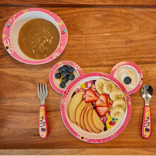 The First Years Disney Minnie Mouse Dinnerware Set - Toddler Plates and Toddler Utensils- 4 Piece Set