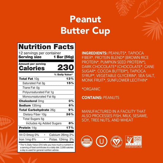 ALOHA Organic Plant Based Protein Bars - Peanut Butter Cup Bar - 12 Bars, Vegan, Low Sugar, Gluten-Free, Low Carb, Non-GMO, No Stevia, No Erythritol