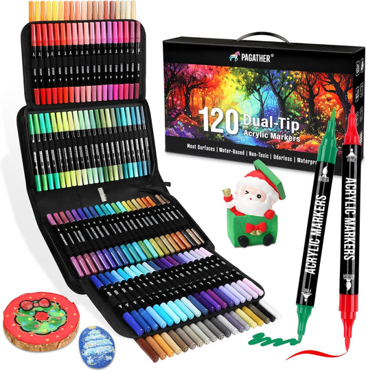 120 Colors Acrylic Paint Markers, Dual Tip Fine and Brush Tips Pens Contain 24 Metallic Color for Stone, Wood, Calligraphy, Canvas, Ceramic, Metal