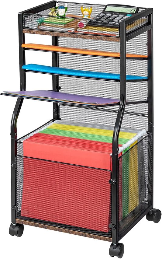 5-Tier Rolling File Cart with Hanging File Folders, Mobile Desk File Organizer on Lockable Wheels, Wood & Mesh Paper Letter Sliding Trays