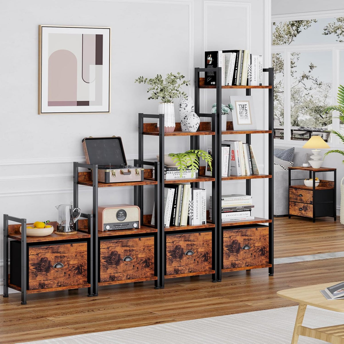 Furologee 5 Tier Bookshelf with Drawer, Tall Narrow Bookcase with Shelves, Wood and Metal Bookshelves Storage Organizer, Industrial Display Standing