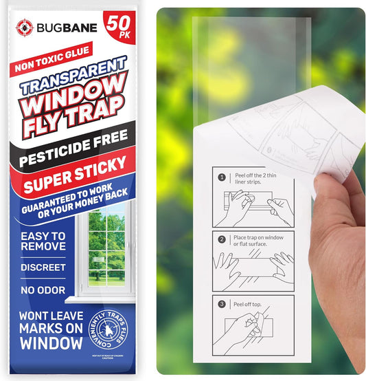 50 Window Fly Traps Sticky Non-Toxic Clear Fly Paper Indoor for Home. No Mess Flies Window Sticky Traps Bug Flies Strips Indoors. Fruit and Housefly