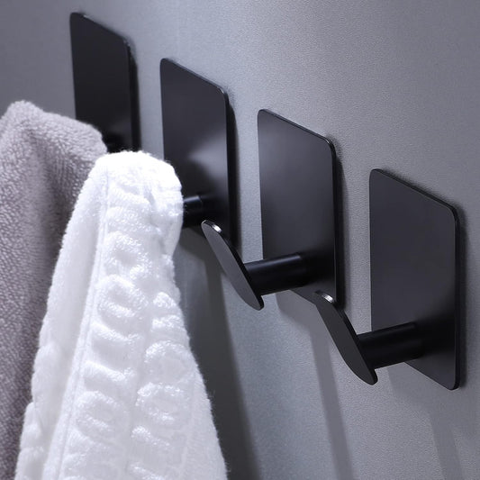 DELITON Adhesive Hooks - 4 Pack Towel/Coat Hooks Wall Hook Stick on Bathroom or Kitchen (Matte Black, Stainless Steel)