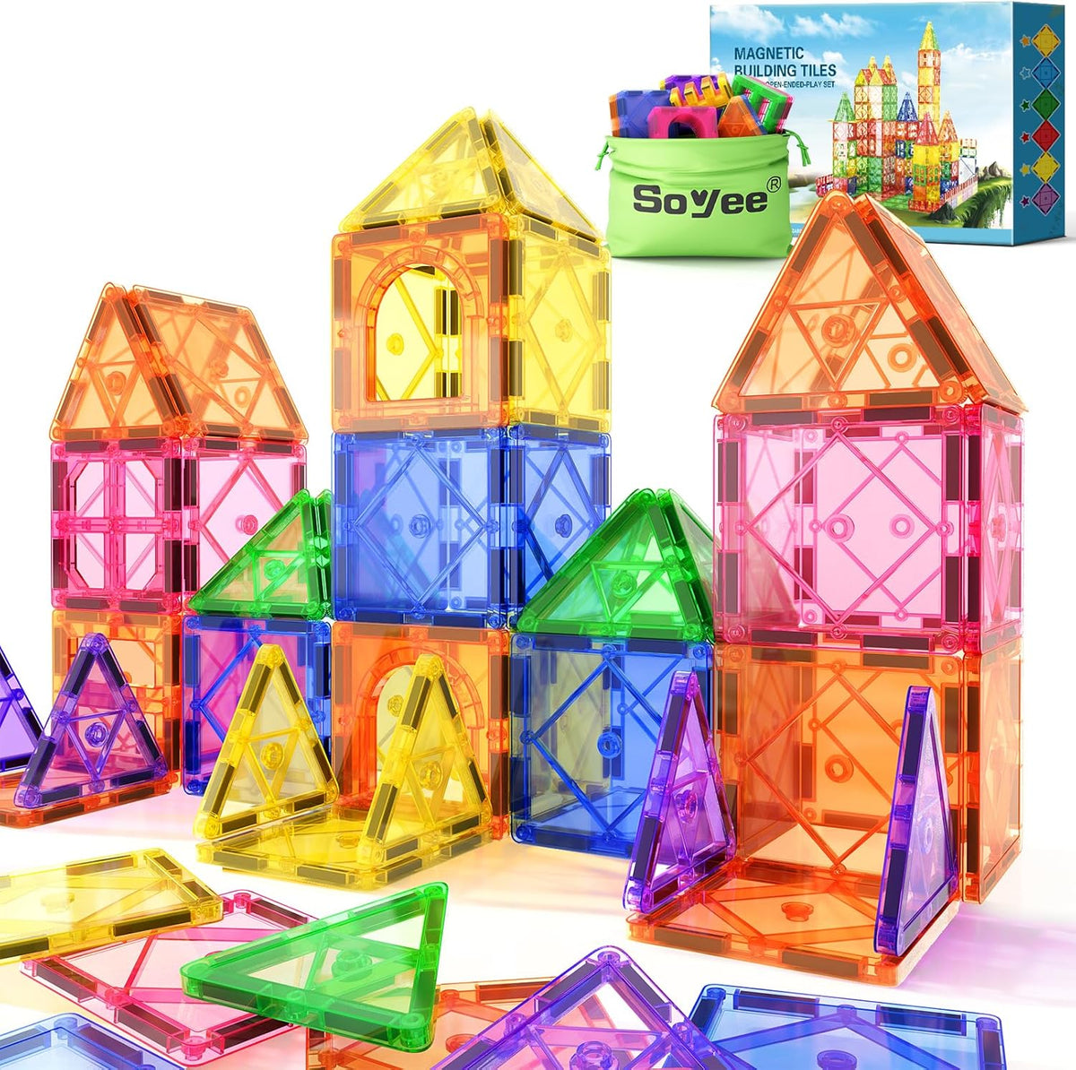 Soyee Magnetic Tiles Toddler Toys Magnetic Building Blocks for Kids Ages 3-12 STEM Educational Toys for Girls & Boys Sensory Play for Preschool