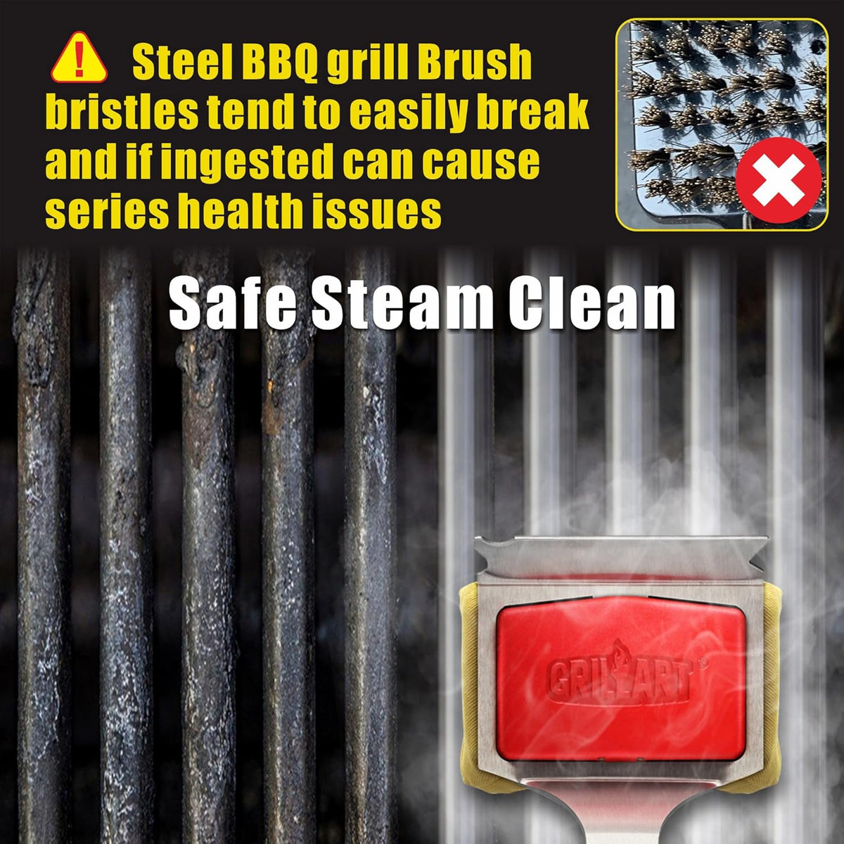 GRILLART Grill Brush Bristle Free. SteamWizards BBQ Replaceable Cleaning Head, Unique Seamless-Fit Scraper Tool for Cast Iron/Stainless-Steel Grates
