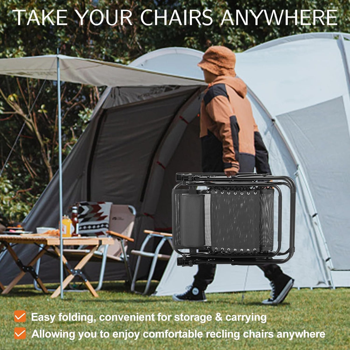 Sweetcrispy Zero Gravity Chairs, Set of 2 Portable Recliner Beach Camping Patio Outdoor Folding Lounge Chair with Cup Holder Trays and Adjustable