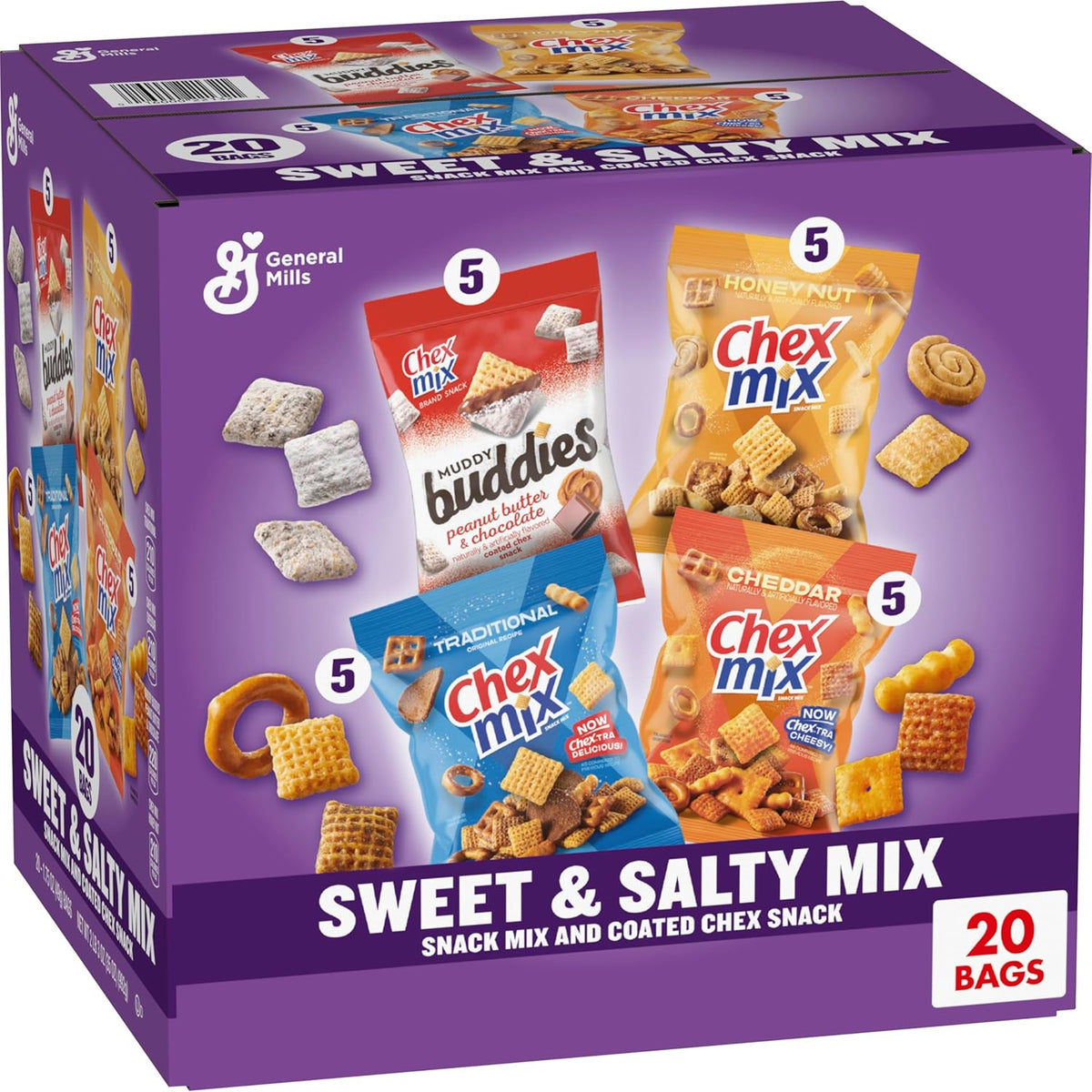 Sweet and Salty Snack Variety Pack, Muddy Buddies Peanut Butter and Chocolate, Chex Mix Traditional, Cheddar, and Honey Nut, 20 Ct, 35 oz