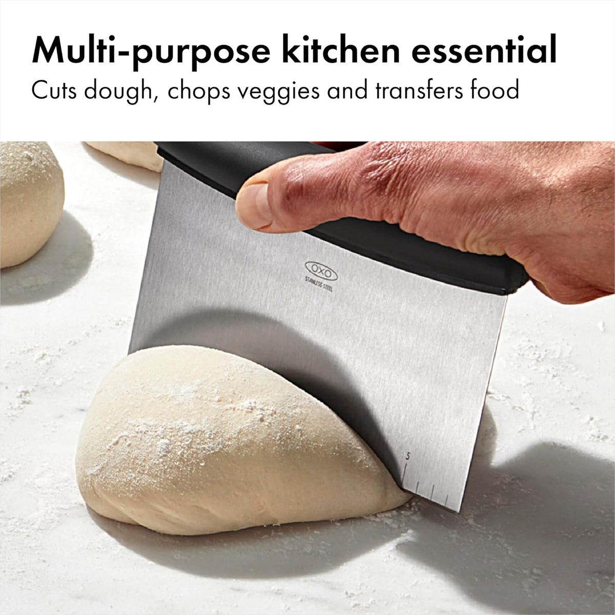 OXO Good Grips Stainless Steel Multi-Purpose Scraper & Chopper, Dough Cutter for Pizza, Bread and Cookie Dough, Multi-Purpose Vegetable Chopper