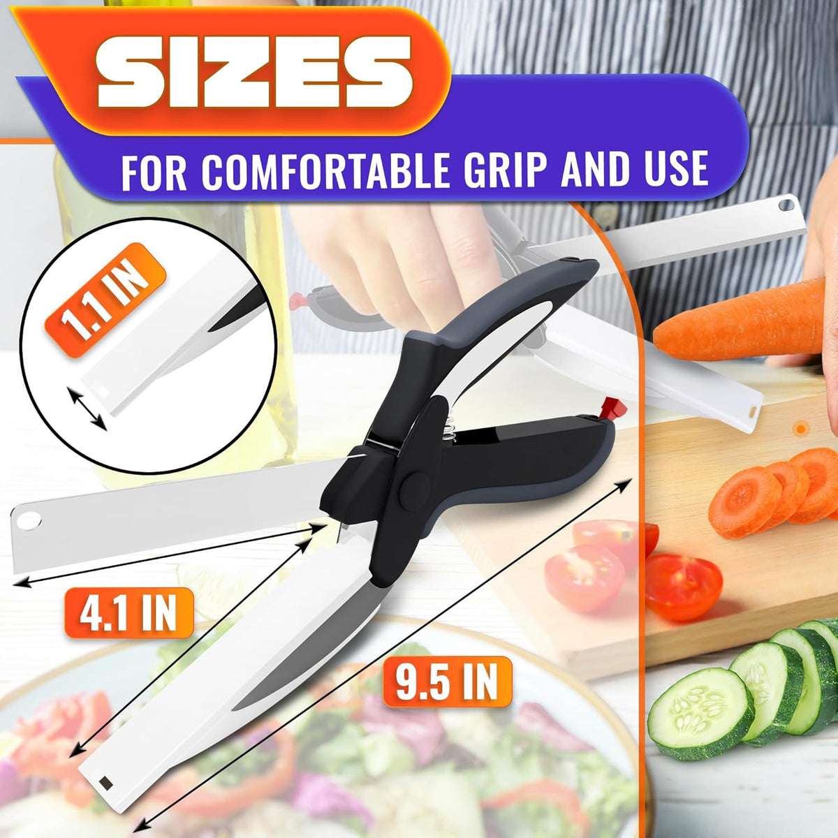 2 in 1 Kitchen Scissors for Food – Stainless Steel Blade & Plastic Cutting Board Scissors with Safety Lock | 9.6" Tomato Knife, Fruit & Vegetable