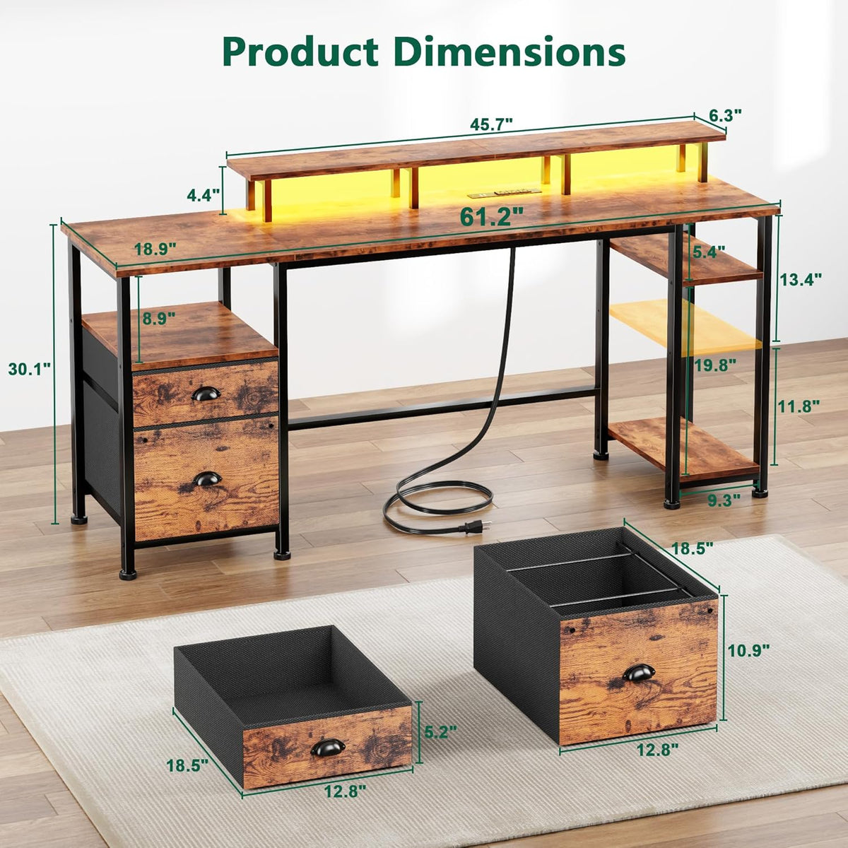 Furologee 61" Computer Desk with Power Outlet & LED Lights, Reversible Gaming Desk with File Cabinet & Monitor Stand for Home Office, Writing Study